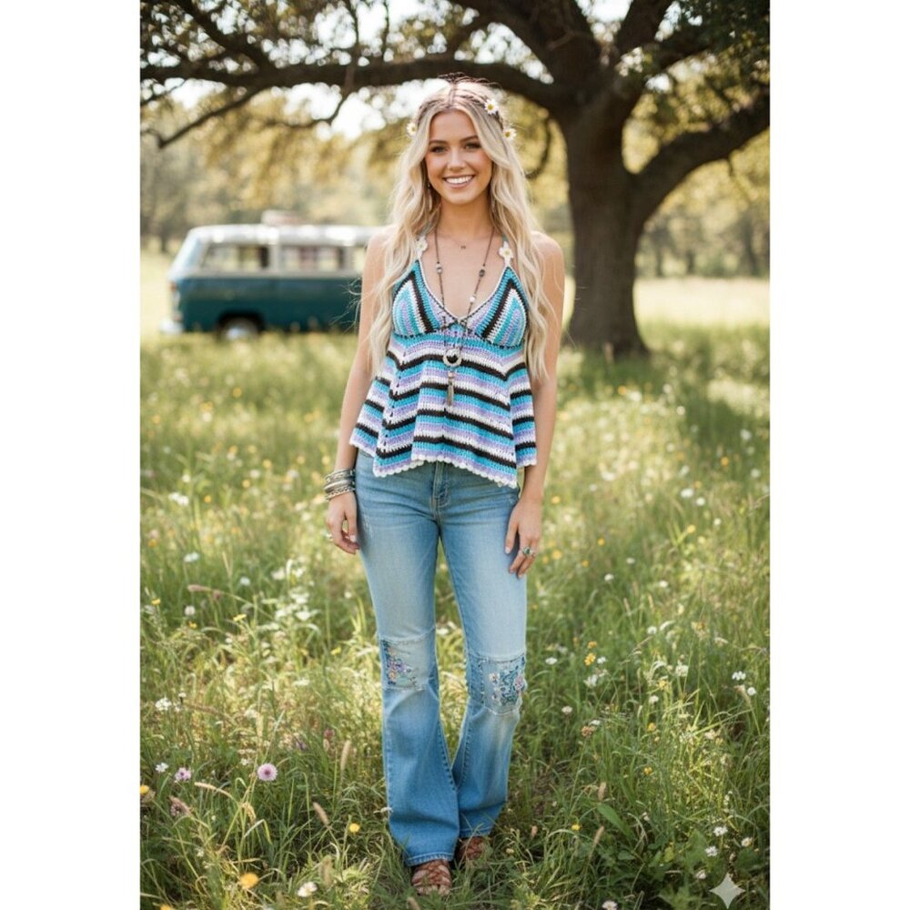 POL Crochet Striped V-Neck Babydoll Cropped Boho Hippie Girl Top Women S